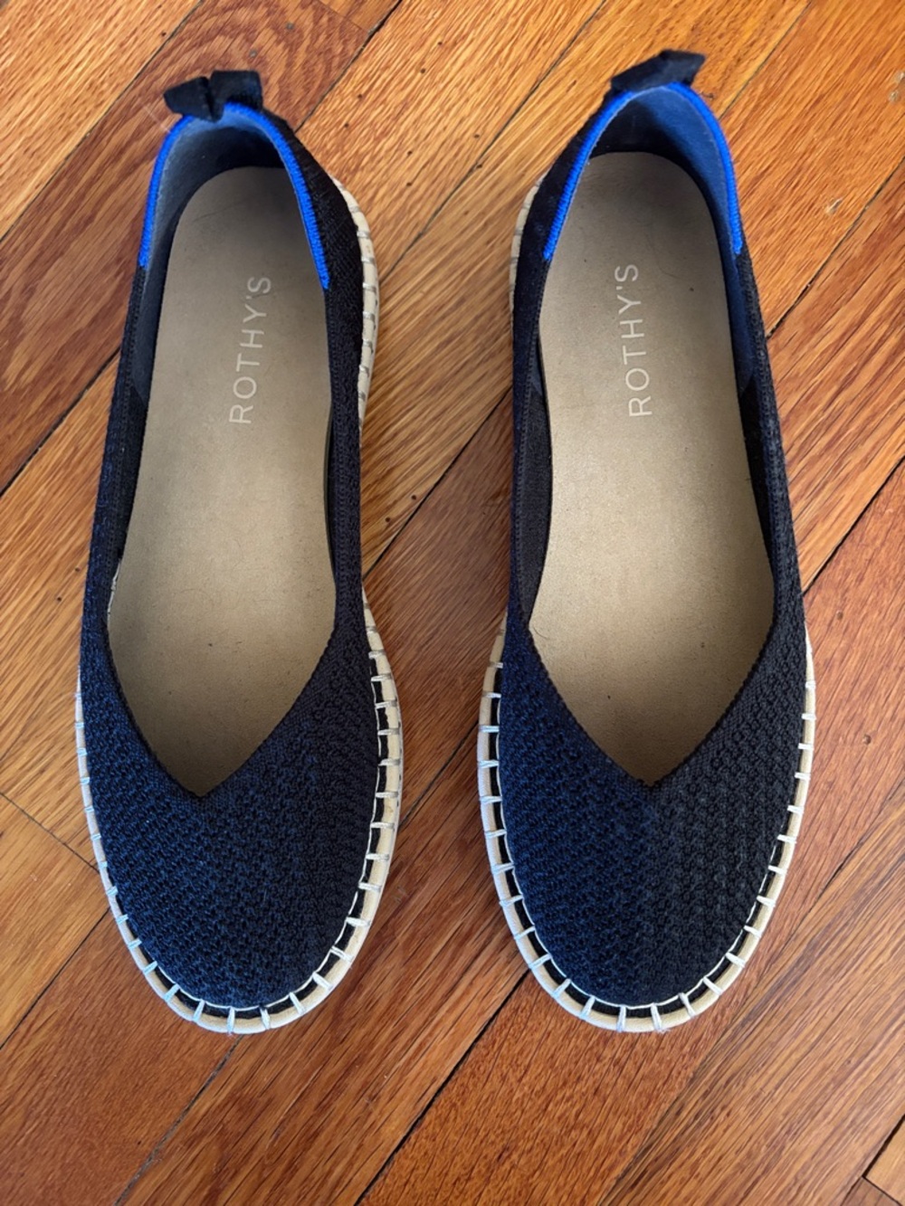 Rothy's Black Knit Flats with Blue Trim